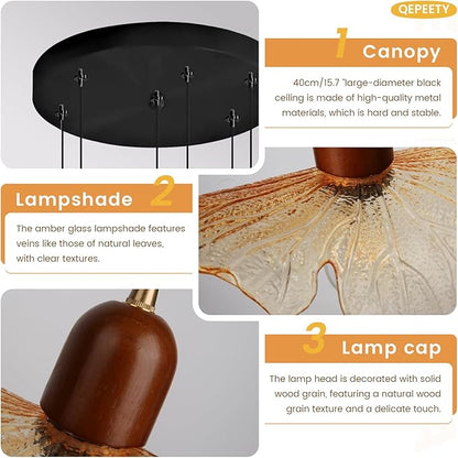 Modern Large Foyer Chandelier High Ceiling Light Fixture, 6-Lights Pendant Light Amber Glass Shade Solid Wood Decor Adjustable Black Hanging Ceiling Lamp for Living Room Bedroom Entryway