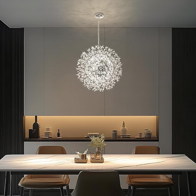 Qamra Modern Crystal Chandeliers, Chrome Firework Dandelion Sputnik Chandelier Light Fixture Pendant Lighting for Dining Room, Bedroom, Kitchen, Living Room(16-Light, Chrome)