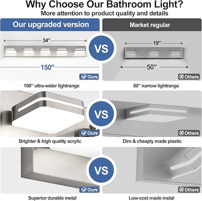 360° Rotate LED Bathroom Vanity Light Fixtures, 2100LM Acrylic Brushed Nickel Vanity Lights for Bathroom, Modern Wall Lighting Fixtures Over Mirror Kitchen Living Room (Natural White Light 5000K)