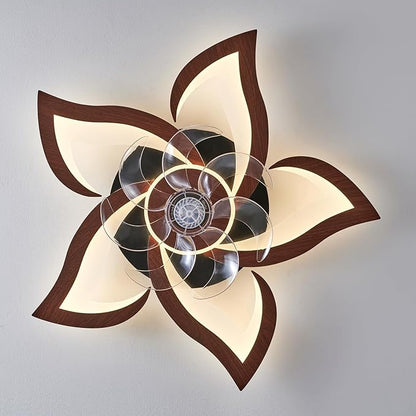Flower Modern Ceiling Fans with Lights, Low Profile Ceiling Fan with Remote for bedroom, Flush Mount Ceiling Fan with LED Dimmable Light,3-Colors, 6-Speeds, Timing CeilingFans Light, Walnutcolor