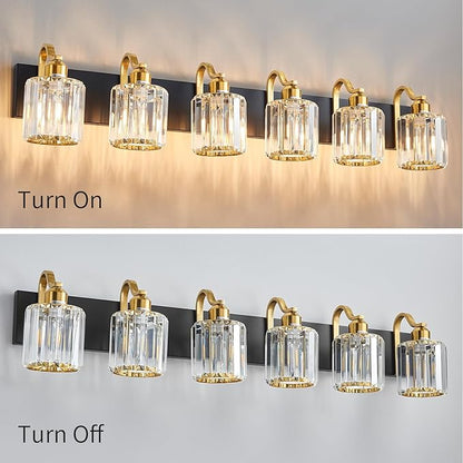 Modern Bathroom Vanity Light 6-Lights Black Gold Crystal Wall Light Fixture with Round Shade Over Mirror (Exclude Bulb)