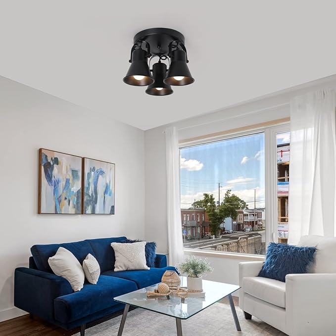 3-Light Industrial Track Lighting, Adjustable Round Kitchen Ceiling Light, Morden Black Flush Mount Directional Light for Kitchen, Hallway, Dining Room, Bathroom, Coffee Bar.
