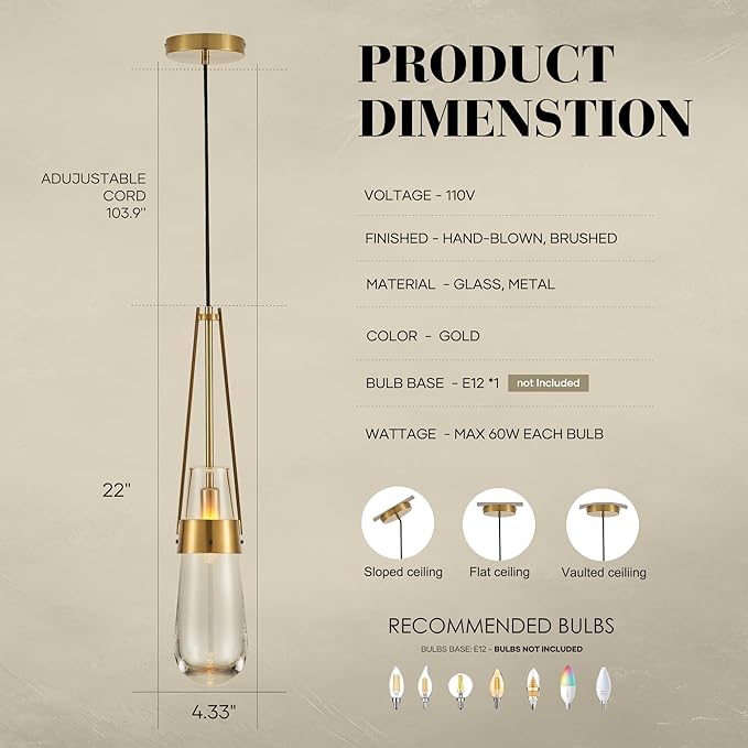Raindrop Pendant Light Fixtures, Brass Glass Pendant Lighting, Teardrops Gold Hanging Light Clear Solid Glass Pendant Light Modern Chandeliers for Dining Room Porch Corridor Living Room