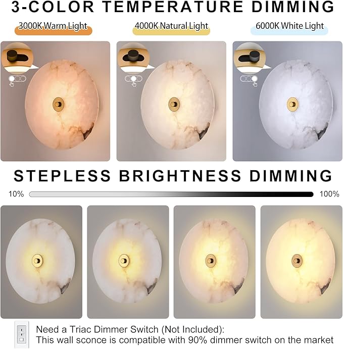 Round Alabaster Wall Sconce Natural Marble Sconces Set of Two, 3 CCT Adjustable Wall Lamp Decor Home, 8W Hardwired Circular Wall Lights for Bedroom, Stairs, Living Room, Bedside, Hallway (Black)
