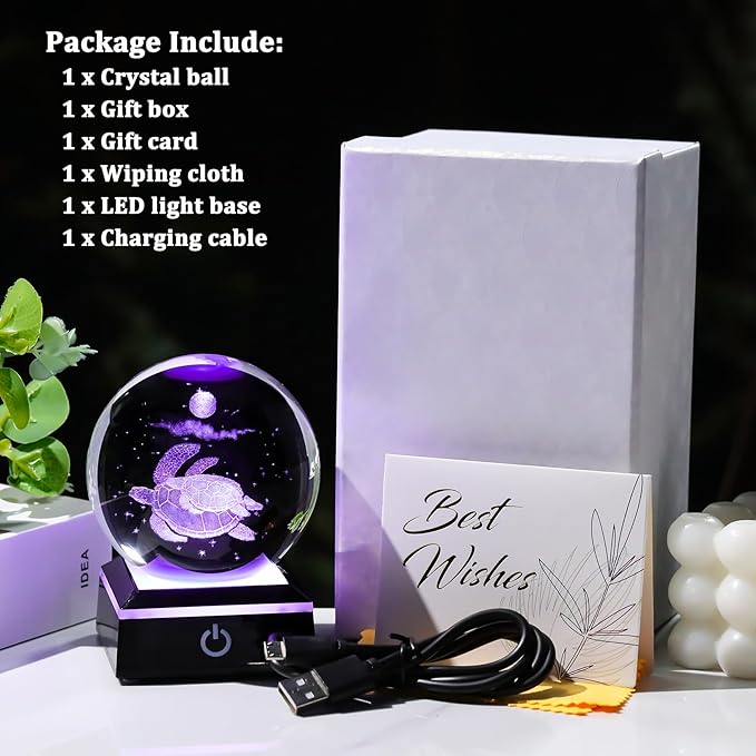 Arikyrist 3D Crystal Ball Sea Turtle Figurine with LED Base Laser Sea Turtle Gifts for Women Men on Christmas Birthday Decorative Turtle Ball Glass Sea Turtle Globe Night Light for Home Decor (80mm)