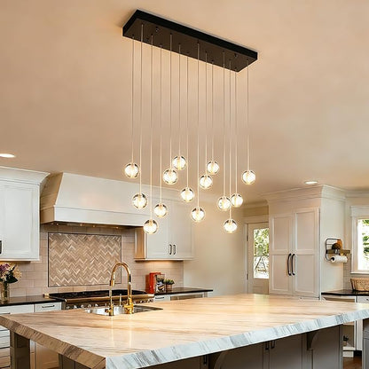 14 Lights Black Raindrop Rectangle Chandelier, Modern Bubble Crystal Chandelier for Dining Room, Large Pendant Light for High Ceilings Staircase Foyer Entryway Living Room Kitchen Island