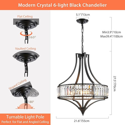 Crystal Chandeliers for Dining Room Rustic Farmhouse Chandelier with Round Metal Shade 6-Light Black Large Crystal Light Fixture for Kitchen Island Hallway Bedroom Home Office