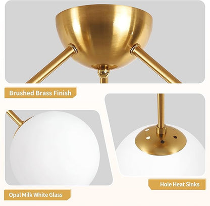 Bagood Mid-Century Modern Semi Flush Mount Ceiling Light 3 Lights Opal Glass Modern Globe Ceiling Light Gold Brass Sputnik Chandeliers for Hallway Entryway Kitchen Bedroom Laundry(Bulb Incl.)
