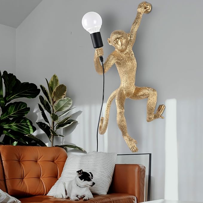 Modern Resin Monkey Wall Lamp Table Lamp Hemp Rope Pendant Light Vintage for Home Decor Dining Living Room Bedroom Entryway (Gold, Wall)