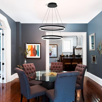 2-Rings Modern LED Chandelier Black for Dining Room, Dimmable Pendant Lighting with Remote Control Circular Flush Mount High Ceiling Light for Bedroom Living Room Foyer, 3000K-6500K