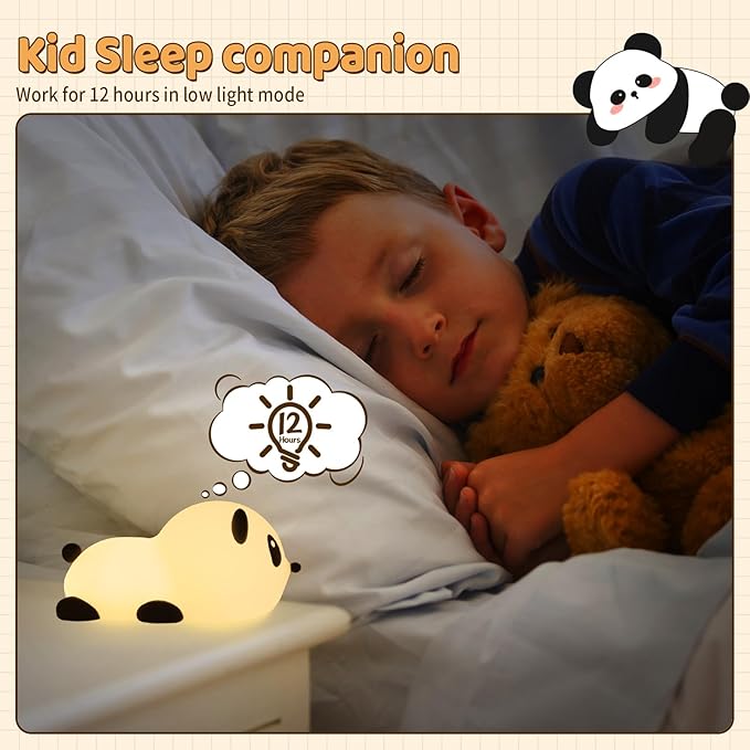 Panda Night Light for Kids: Squishy Silicone Animal Light,7 Soft Colors,Tap Control,Rechargeable,Sleep Timer,Battery Baby Nightlight for Childrens Room & Nursery,Bedside Touch Lamp
