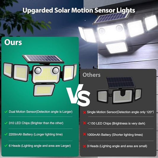 Solar Lights Outdoor, 6000LM 310 LEDs Dual Motion Sensor Solar Flood Lights 6 Heads Security Wall Lights, IP65 Waterproof, Remote Control for Garden, Outside, Backyard, 2 Pack