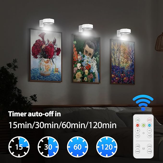 Arixinks 3Pcs Battery Picture Lights, Remote Painting Light for Art Disaplay,Magnetic Wall Picture Light Up/Down Light,Dimmable & Timer, 200LM 3 Lighting for Gallery Dartboard Frame Pictures