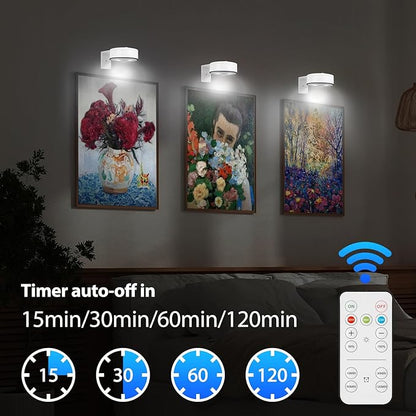 Arixinks 3Pcs Battery Picture Lights, Remote Painting Light for Art Disaplay,Magnetic Wall Picture Light Up/Down Light,Dimmable & Timer, 200LM 3 Lighting for Gallery Dartboard Frame Pictures