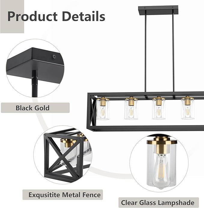 Black Gold Dining Room Light Fixture - 5 Light Chandeliers for Dining Room with Clear Glass Shade & Adjustable Height & Thickened Metal Rectangle Dining Table Light Fixture