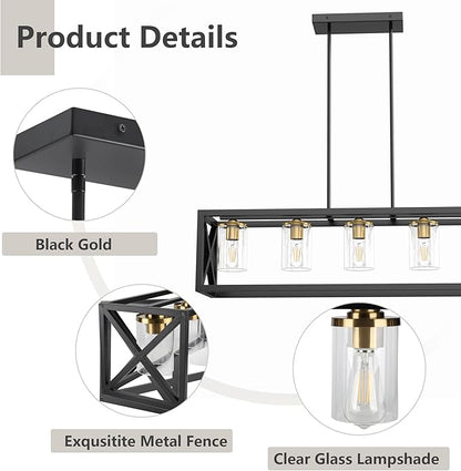 Black Gold Dining Room Light Fixture - 5 Light Chandeliers for Dining Room with Clear Glass Shade & Adjustable Height & Thickened Metal Rectangle Dining Table Light Fixture