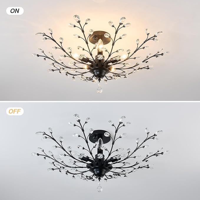 CVKASH Motion Sensor Crystal Chandelier Modern Black Semi Flush Mount Ceiling Light Fixture Vintage Small Chandelier Lighting for Kitchen Bedroom Living Room Dining Room Hallway Foyer
