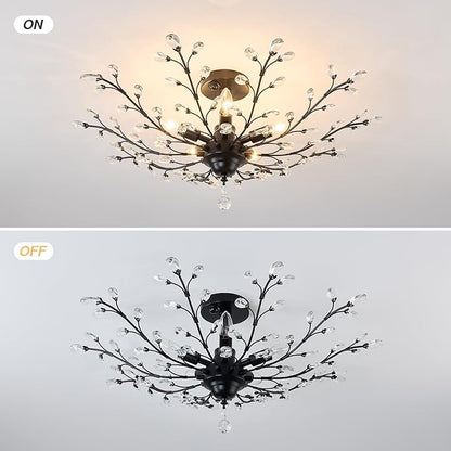 CVKASH Motion Sensor Crystal Chandelier Modern Black Semi Flush Mount Ceiling Light Fixture Vintage Small Chandelier Lighting for Kitchen Bedroom Living Room Dining Room Hallway Foyer