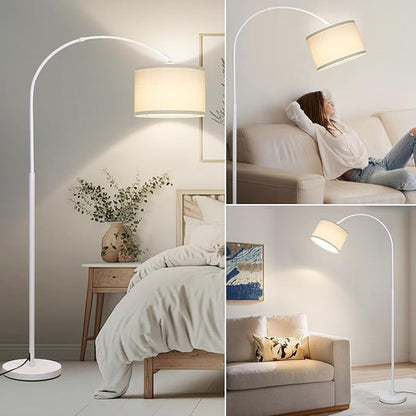 Seaside village Standing Lamp for Living Room, Dimmable Arc Floor Lamp with White Adjustable Hanging Shade, Modern Pole Lamp Tall Reading Light for Bedroom, Over Couch, Office, 9W LED Bulb Included