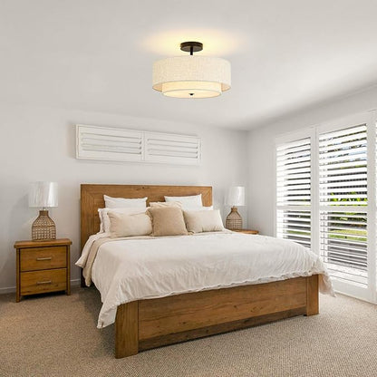 16" Semi Flush Mount Ceiling Light, 3-Light Drum Ceiling Light Fixture with 2-Tier Fabric Linen Shade, Farmhouse Chandelier for Dining Room, Living Room, Bedroom, Kitchen, Hallway, Entryway