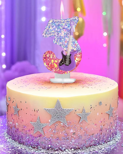 K-Pop Birthday Candle – Purple & Pink Glitter Music Theme Cake Candle with Guitar, Musical Party Decor for Girls, Teens, Kpop Fans (3)