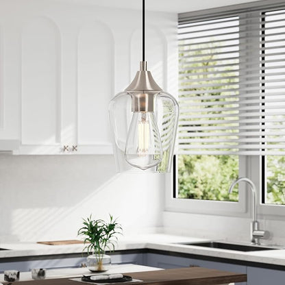 VONLUCE Pendant Lights Kitchen Island, Brushed Nickel Pendant Light Fixtures with E26 Base & Adjustable Cable, Modern Pendant Lighting with Glass Shade for Living Room Bedroom Hallway, 3 Packs