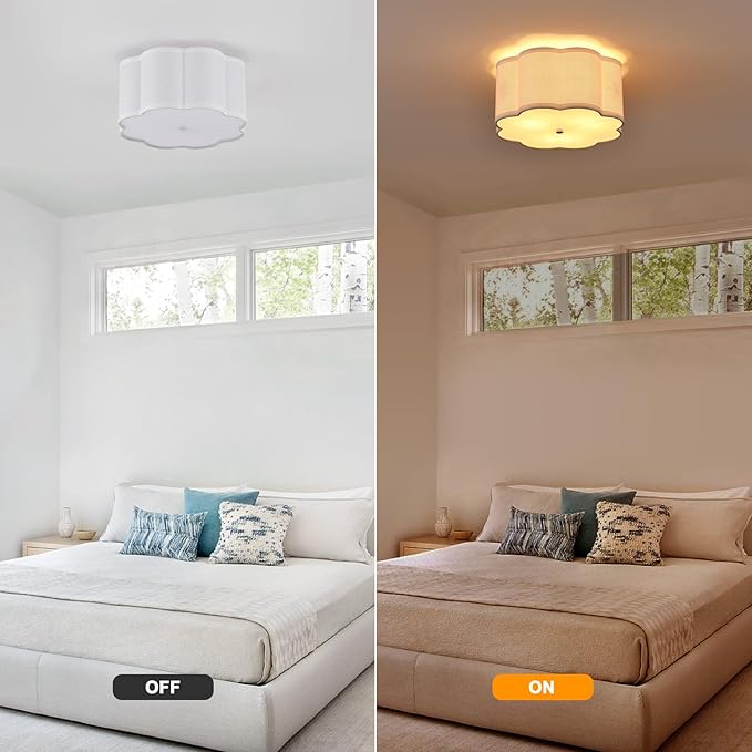 Modern Drum Semi Flush Mount Ceiling Light Fixture Modern 12.99” White 3-Lights Drum Ceiling Lighting Vintage Linen Ceiling Lamp for Kitchen, Basement, Dining Room, Bedroom, Laundry Room
