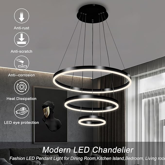Modern LED Pendant Light, Black Circular Chandelier Fixture, Adjustable Height Circular Entrance Pendant Light, Suitable for Restaurants, Kitchens, Islands, Living Rooms, Cafes, Etc. (4000K)