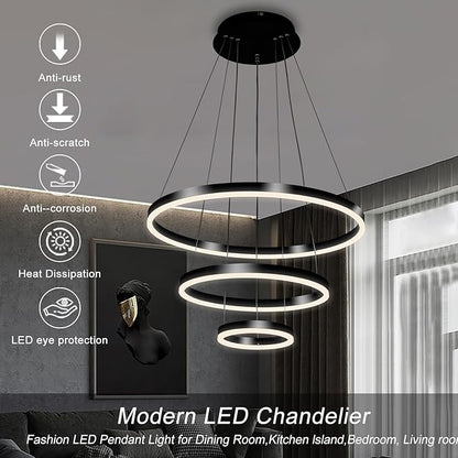 Modern LED Pendant Light, Black Circular Chandelier Fixture, Adjustable Height Circular Entrance Pendant Light, Suitable for Restaurants, Kitchens, Islands, Living Rooms, Cafes, Etc. (4000K)