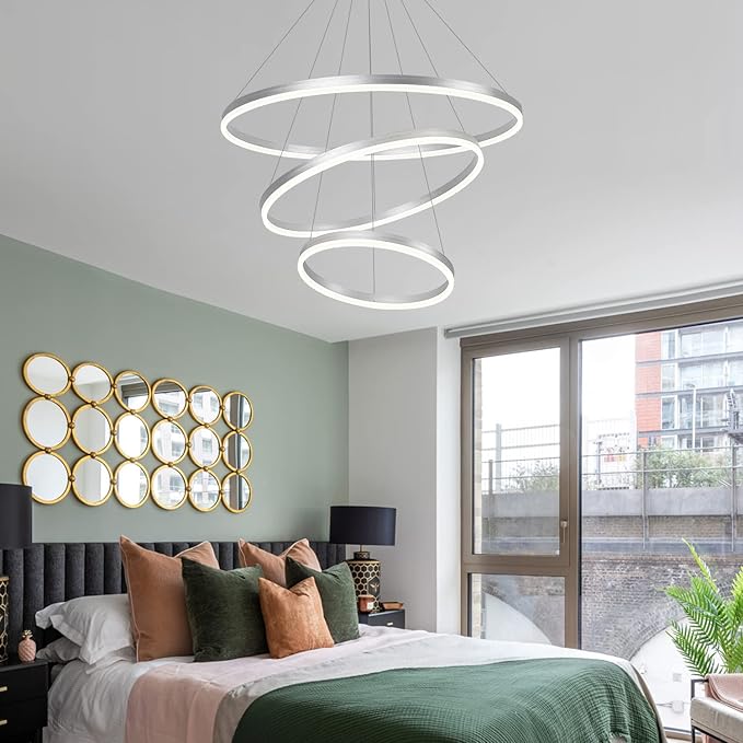 3-Rings D31.5’’ Modern LED Chandelier Silver, Dimmable Pendant Lighting with Remote Control Circular Flush Mount High Ceiling Light for Living Dining Room Bedroom Foyer, 3000K-6500K