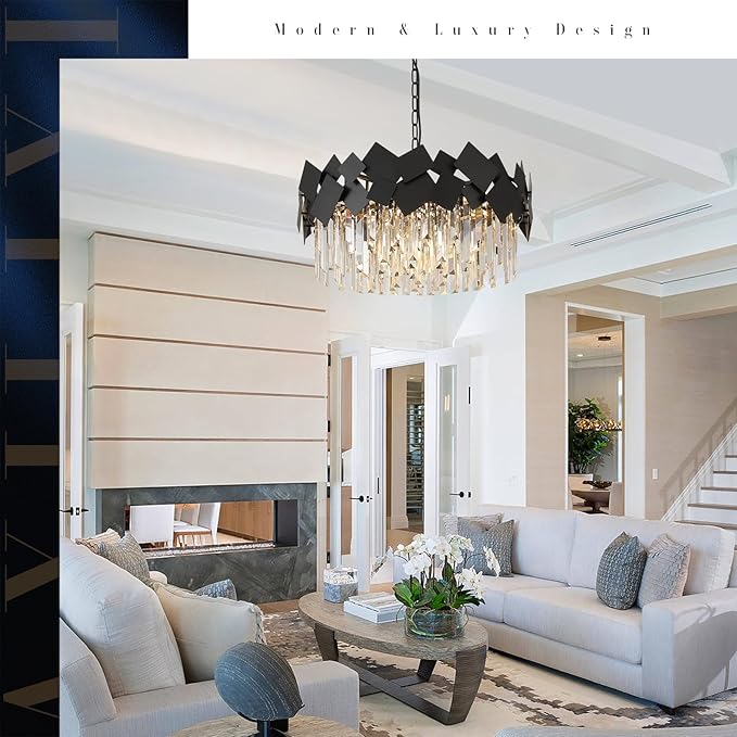 A AXILIXI Modern Crystal Drum Chandeliers 24" Black Round Chandelier Luxury K9 Crystal Chandeliers Light Fixture Flush Mount Chandelier Contemporary for Living Room Dining Room Foyer Staircase