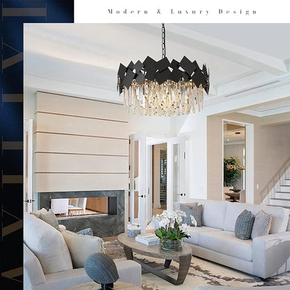 A AXILIXI Modern Crystal Drum Chandeliers 24" Black Round Chandelier Luxury K9 Crystal Chandeliers Light Fixture Flush Mount Chandelier Contemporary for Living Room Dining Room Foyer Staircase