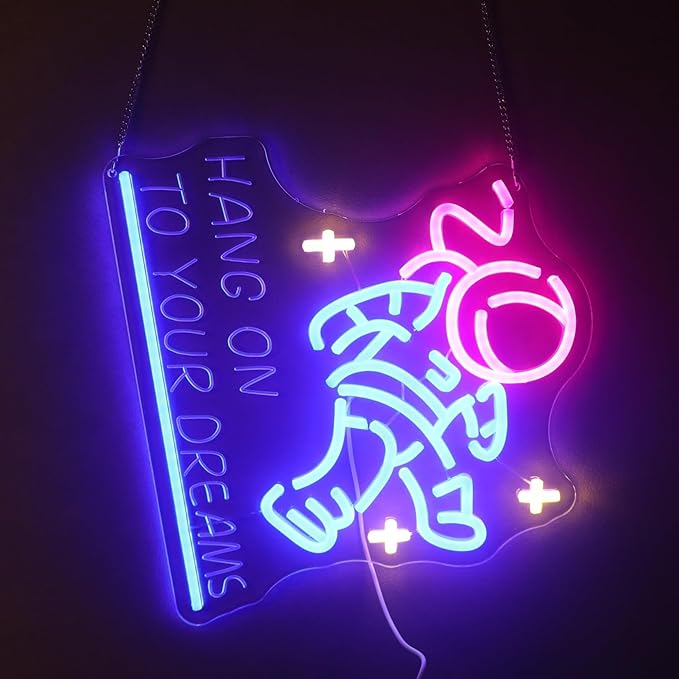 "Hang on to Your Dreams" Tired Astronaut Neon Light - Motivational Space Themed LED Wall Art, Dimmable USB Night Light with Hanging Kit, Inspiring Study Bedroom Decor Gift for Students & Dreamers