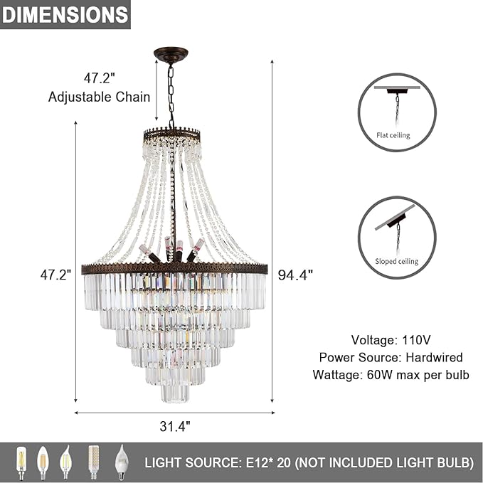 French Empire Crystal Chandelier Antique Bronze Vintage Pendant Light Large Farmhouse Chandeliers Ideal for High-Ceiling Stairwells,Entryways,Dining Room Living Room W31 × H47