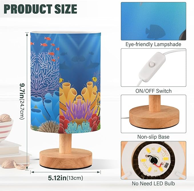 Table Lamp Cartoon Dolphin Killer Whale Sea Fish Coral Underwater in Ocean Nightstand Lamp with Wood Base Fabric Lamp Shade Bedside Desk Lamp for Living Room Bedroom Kids Room Office