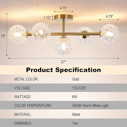 Gold Brass Globe Vanity Light - Vintage 5-Lights Wall Sconce - Sphere Round Lights Fixture with Stained Hammered Glass Shade - Mid Century Modern Sconces for Bathroom Bedroom Living Room Entry Porch