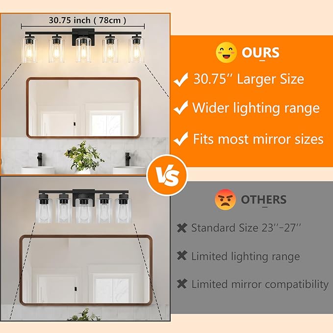 BesLowe 31" 5-Light Bathroom Light Fixture, Modern Black Bathroom Vanity Light, Bathroom Lighting Fixtures Over Mirror, Matte Black Wall Socnce Lamp, Wall Lights for Living Room Bedroom Hallway