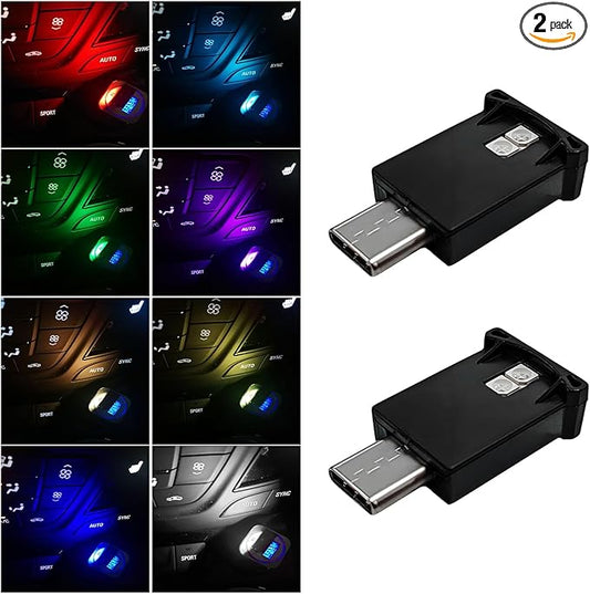 DXNQ 2PCS USB Type C LED Ambient Light, 8 Colors RGB Dynamic Atmosphere Lamp Car Interior Decor USB Night Light, Adjustable Bright Plug-in Mini Ambient Lighting Kit for Car Laptop