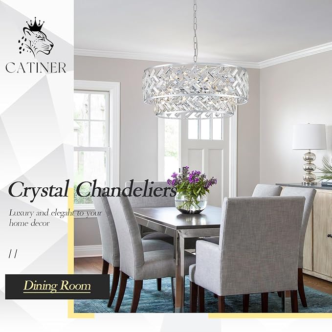 CATINER Chrome Crystal Chandelier, 8-Light Drum Semi Flush Mount & Pendant Ceiling Light, 24'' Modern Round Fixture for Living Room, Dining Room, Kitchen, Foyer, Bedroom