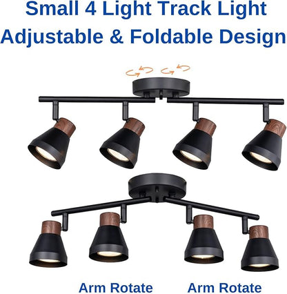 4 Light Modern Track Lighting Kit Black and Faux Wood Finish, Flexibly Adjustable Arm with Multi-Directional Ceiling Spotlight for Kitchen, Bedroom, Living Room,Ding Room Gu10 Not Included