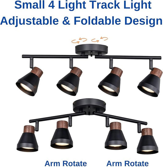 4 Light Modern Track Lighting Kit Black and Faux Wood Finish, Flexibly Adjustable Arm with Multi-Directional Ceiling Spotlight for Kitchen, Bedroom, Living Room,Ding Room Gu10 Not Included