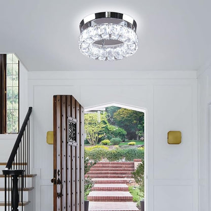 Dimmable Modern Crystal Chandeliers Round LED Ceiling Light with Remote Flush Mount Small Chandelier for Hallway Foyer Kitchen,Stair,Closet,3 Colors Adjustable,Memory Function