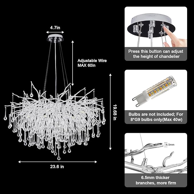 Chandeliers for Dining Room - 23.6" Modern Silver Crystal Chandelier, Round Tree Branch Raindrop Chandelier, Foyer Chandeliers for Entryway, Living Room,Bedrooms,Bathroom(Bulb not Included)