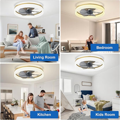 DLLT LED Ceiling Fan with Light: 16" Modern Low Profile Flush Mount Fandelier with App & Remote Control - Dimmable Gold Bladeless Fan Light Fixture for Bedroom Kids Room Living Room