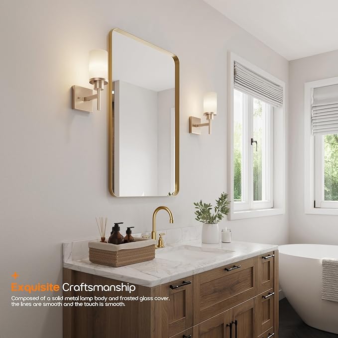Vanity Lighting Fixtures with White Frosted Glass Champagne Bronze Wall Lamp Over Bathroom Mirror for Bedroom, Living Room, Washroom Porch T001CPG-L1