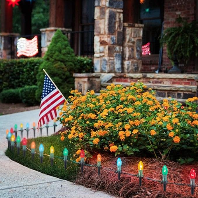 C9 Christmas Pathway String Lights, 2 Pack 25.7 Ft C9 20 Lights with 20 Multicolored Glass Bulbs and 20 Stakes Connectable Waterproof for Outdoor Indoor Xmas Party Holiday Decoration, Multicolor