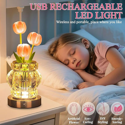 Tulip Table Lamp, Rechargeable Cordless Touch Dimming Artificial Tulip Flower Desk Lamp, LED Crystal Lamp Flower Bedside Night Light, Romantic Gifts for Girl Women Mom (Pink - Tulip)