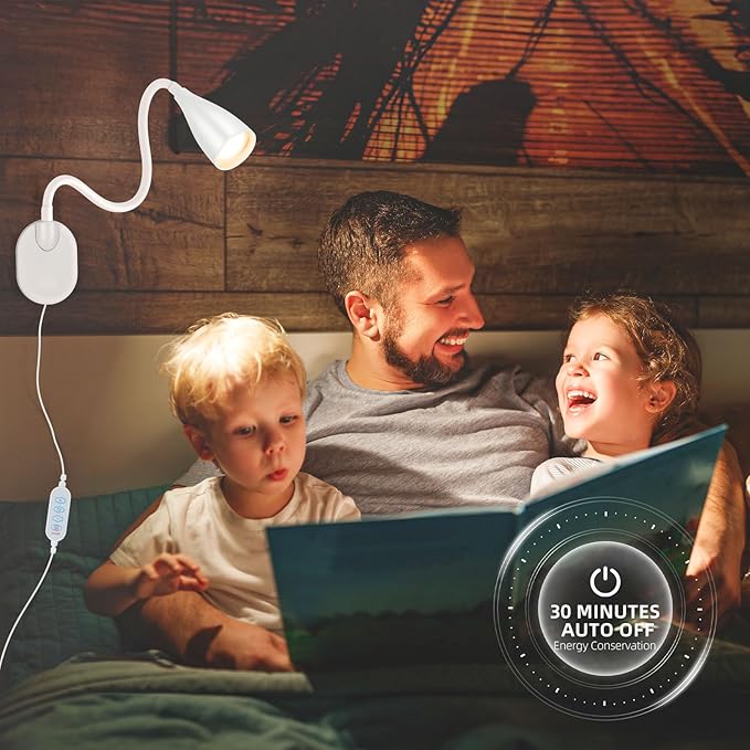 LiFMIRA Wall-Mounted LED Bedside Reading Light with USB Charging Port, 10-Level Dimmable & Adjustable 5 Color, Plug-in Adhesive Night Lamp for Books in Bed, Eye-Caring Bedroom Lighting (White 2 Pack)