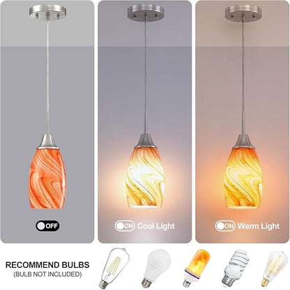 Viinew Mini Glass Pendant Light 4.72" with Handblown Orange Marble Art Glass Hanging Light 3-Pack Oval Ceiling Hanging Light Fixture for Dining Room Kitchen Island Cafe Foyer Hallway