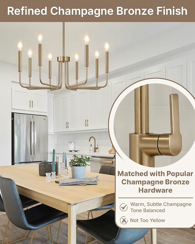 Yunnix 8 Light Champagne Bronze Chandelier - Modern Gold Chandelier Dining Room Light Fixture - 28" Vintage Chandelier for Bedroom Kitchen Island Lighting, Foyer and Living Room